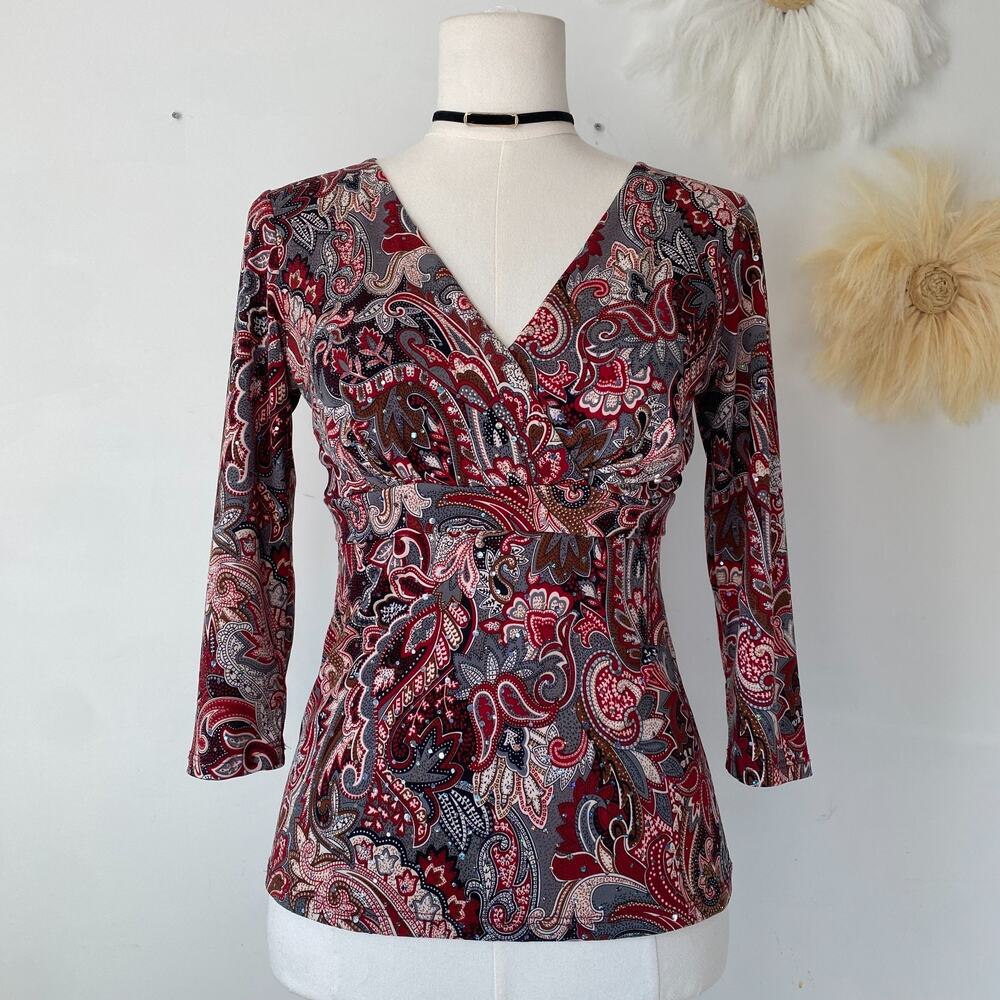 INC Womens Y2K Whimsigoth Babydoll Top Size M Petite Fairy Paisley Sequin Boho